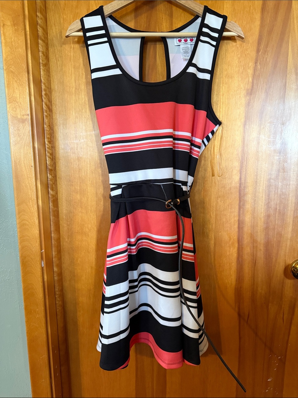 Three Hearts Coral, Black & White Striped Sleeveless Fit-and-Flare Dress